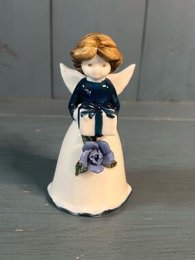 Vintage Porcelain Lady Angel Bell - Holding a Present | White & Blue